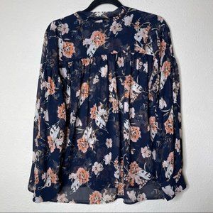 Ro & De Blue Floral Button Tie Neck Blouse Top